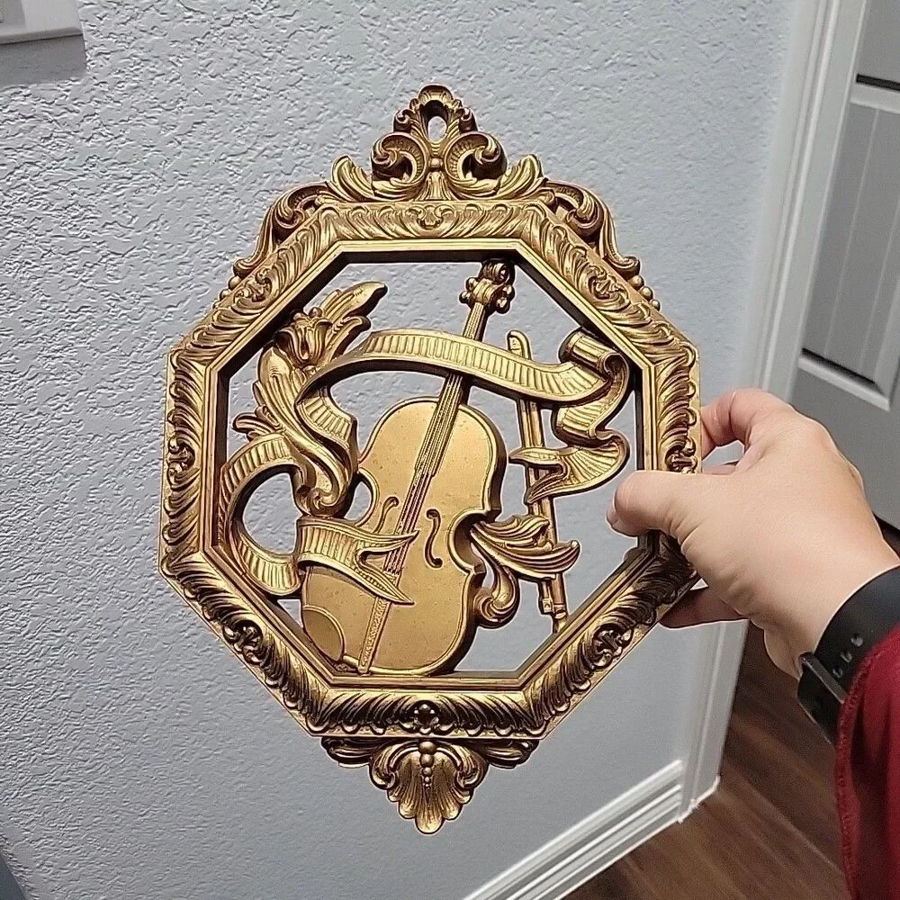 HOMCO Set 4 Gold Ornate Musical Instrument Plaques Decor USA Made Vintage 1970s